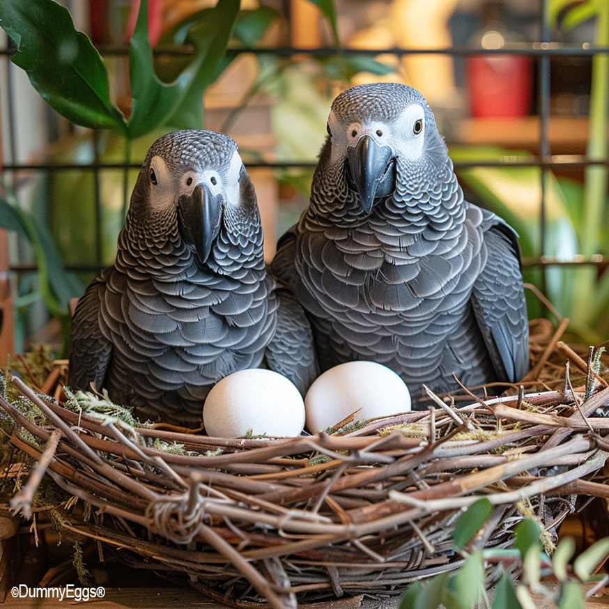 Medium Parrot Egg Replacements 2 blue and gold macaws happily watch over their 2 dummy eggs in a nest on their perch in their cage.