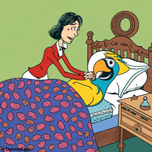 Illustration of a woman in a red suit fluffing a pillow with a large, blue and gold macaw tucked in under a patterned quilt on a bed, next to a wooden nightstand, in a green-walled room.